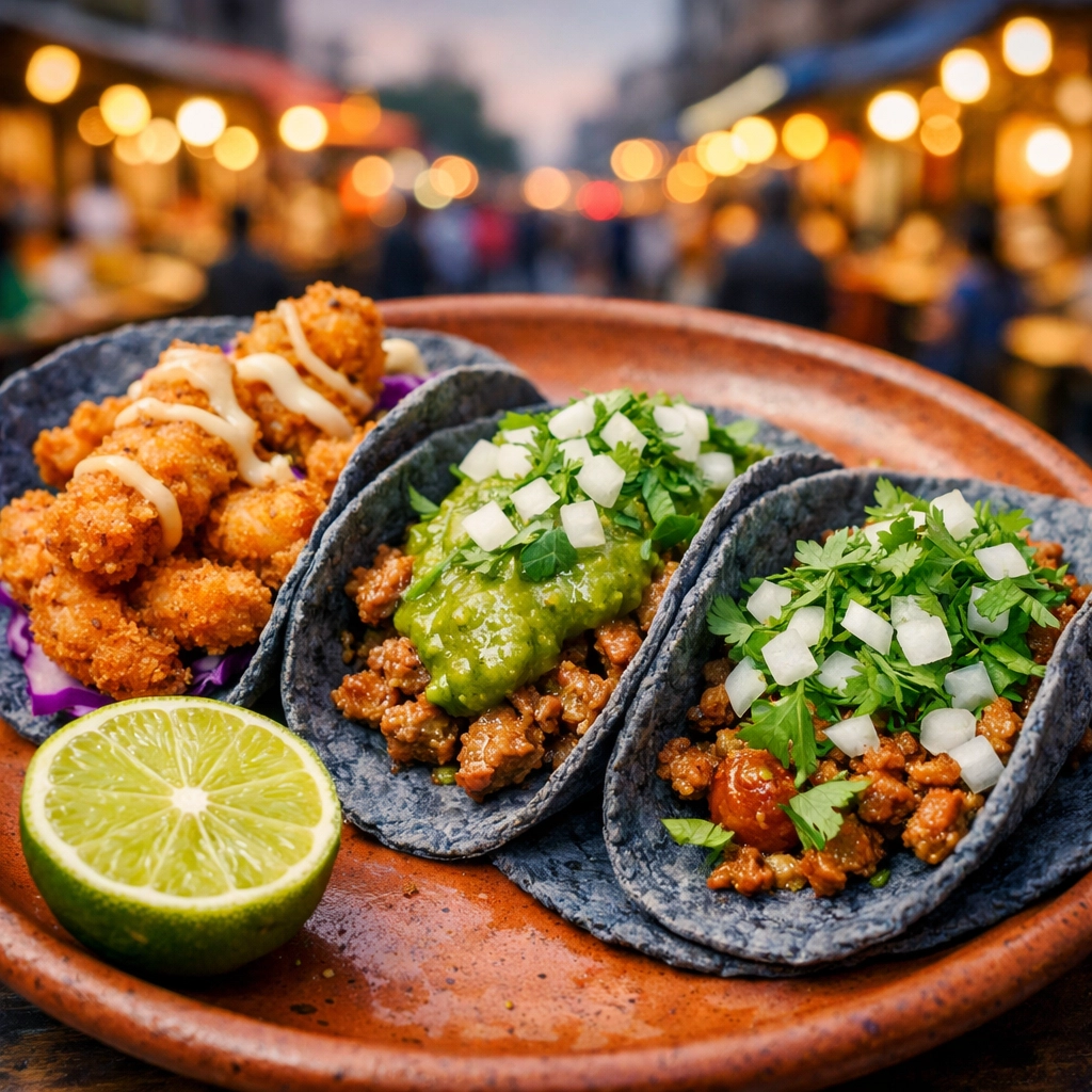 Authentic Mexican street tacos on blue corn tortillas at a bustling Mexico City market stall.