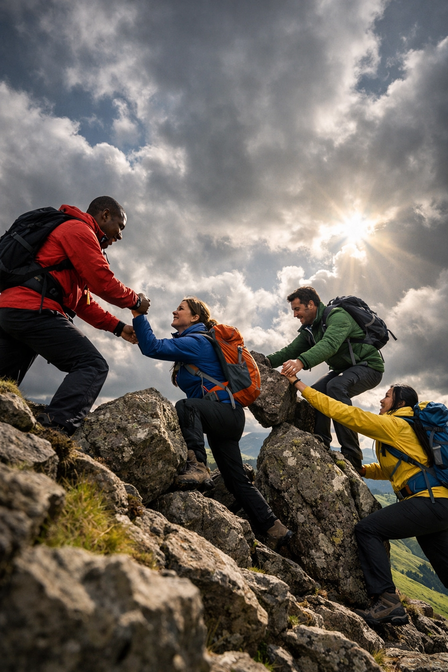 Corporate team hiking mountain ridge during UK outdoor team building adventure