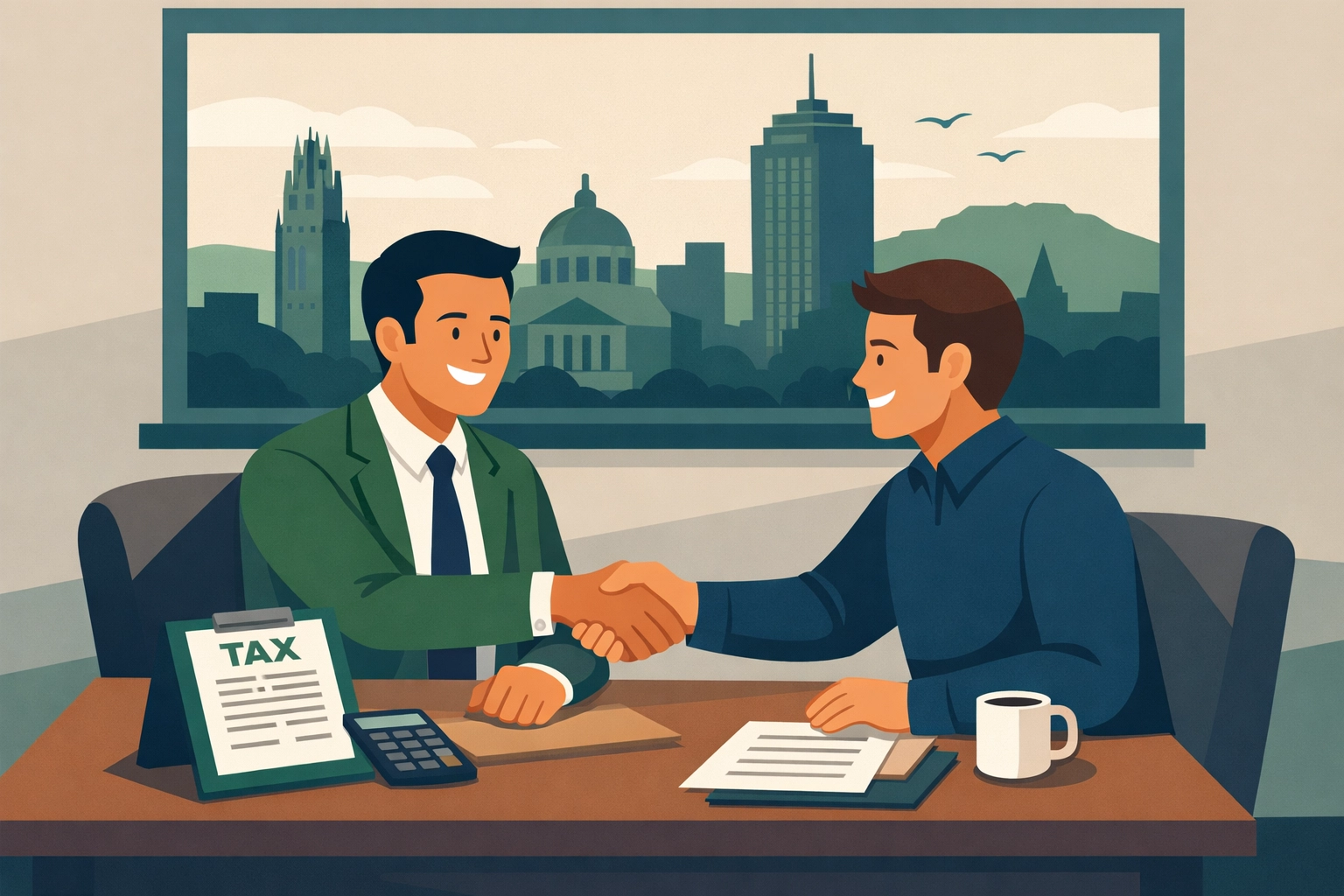 New Haven tax professional shaking hands with a client for personalized business tax preparation.