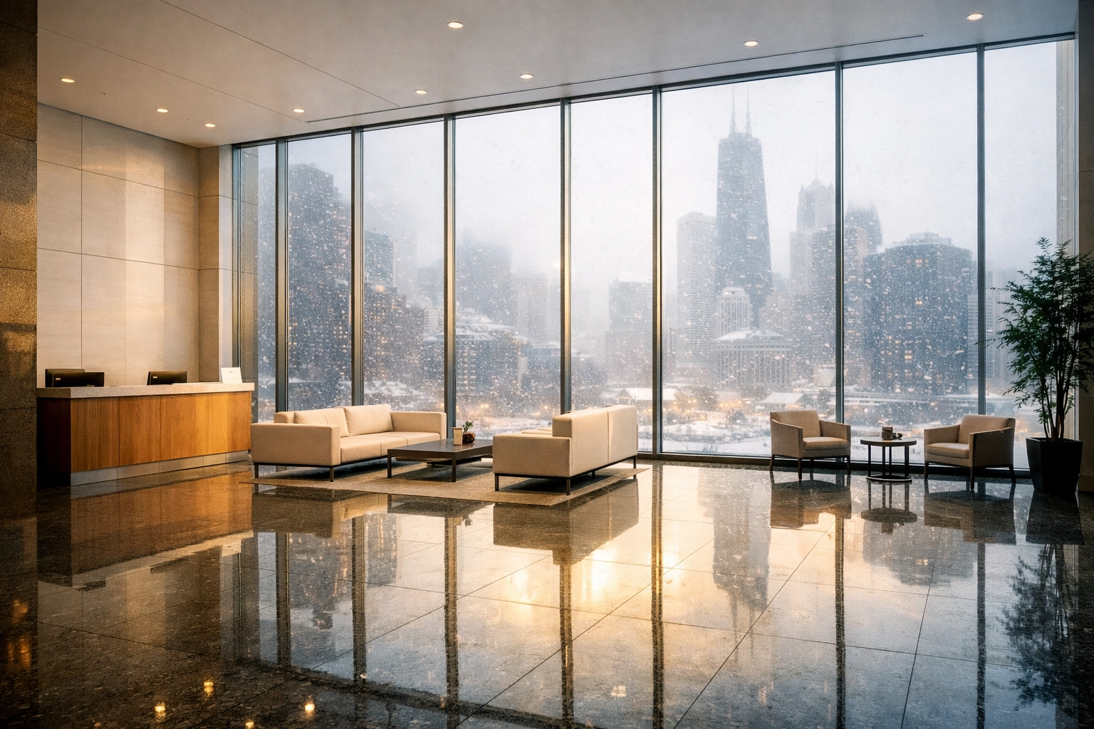 Clean luxury Chicago office lobby with reflective granite floors and a snowy winter cityscape view.
