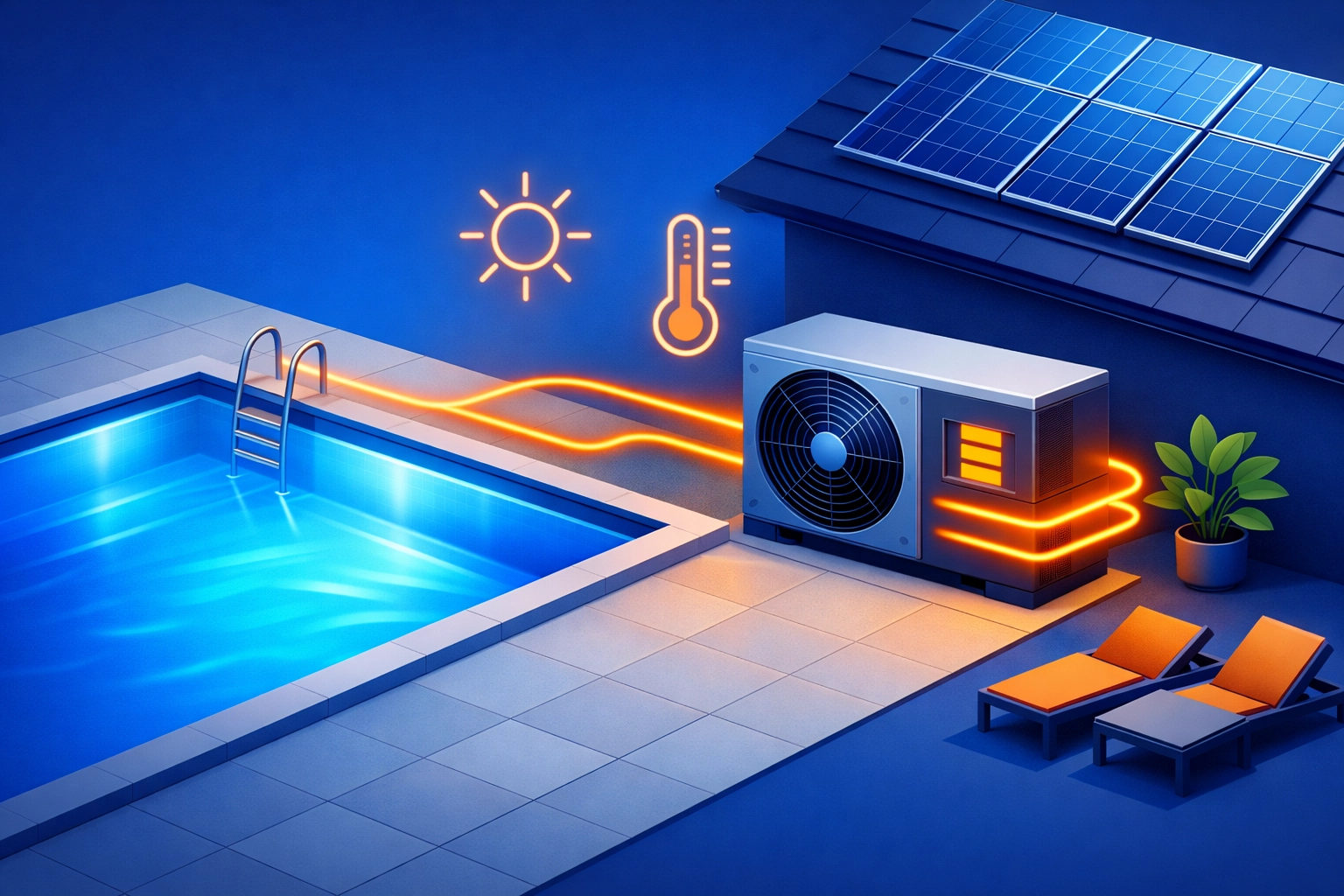 Sustainable pool installation in Surrey featuring energy-efficient heat pumps and solar panel integration.