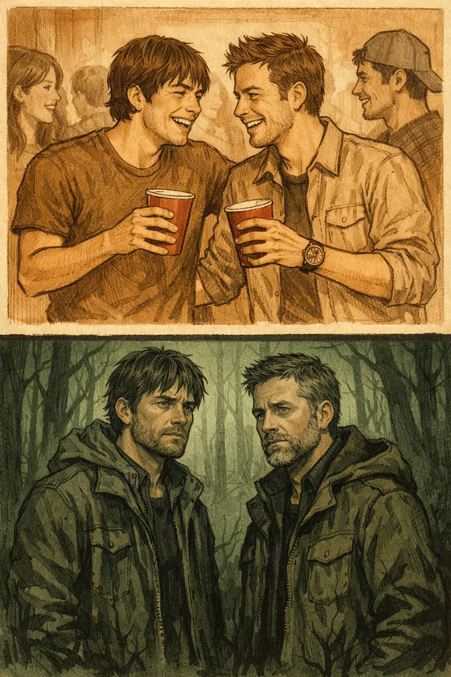 Past and present timeline showing college friends in LGBTQ+ psychological thriller