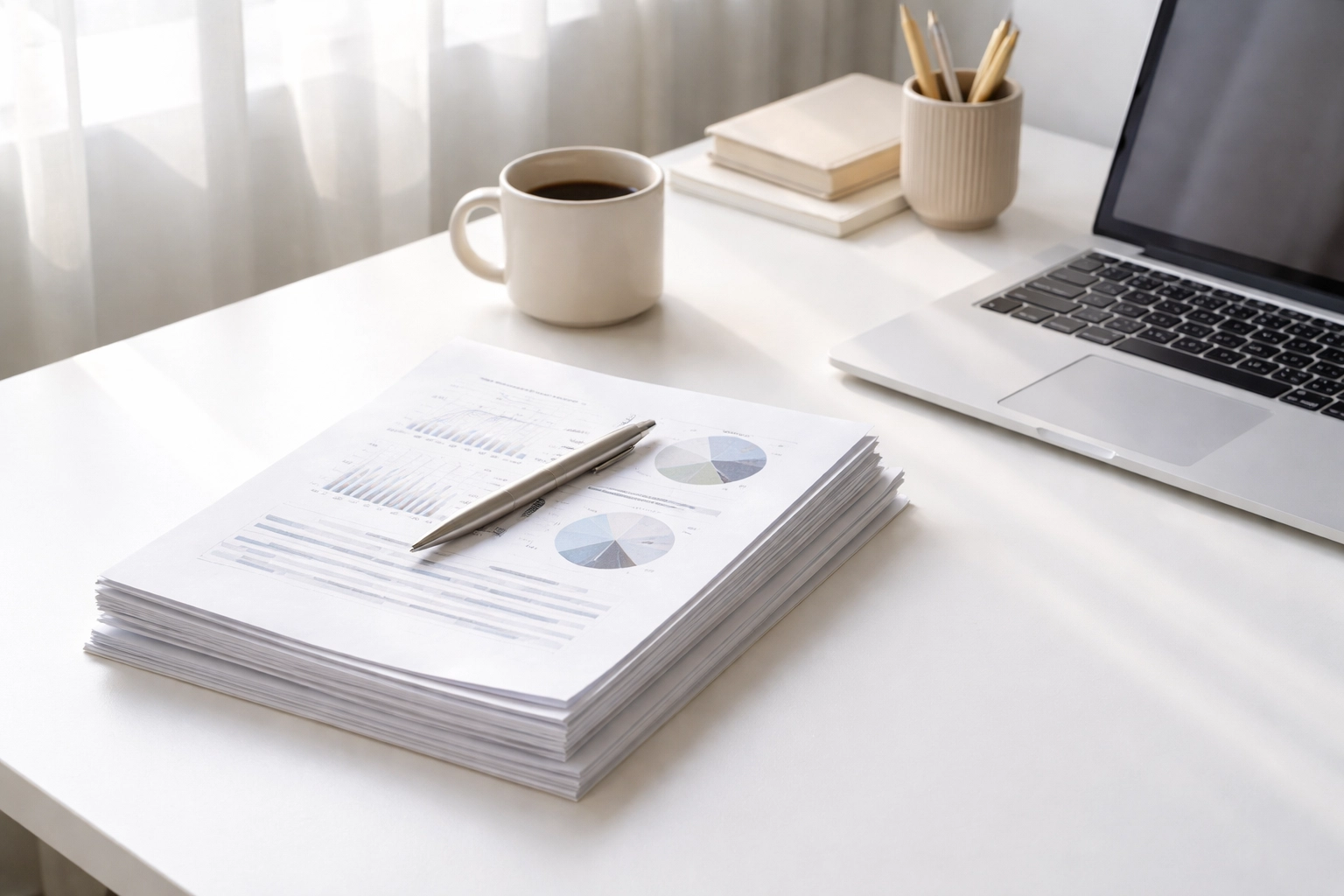 Organized documents and laptop on a clean desk for clear tax client communication