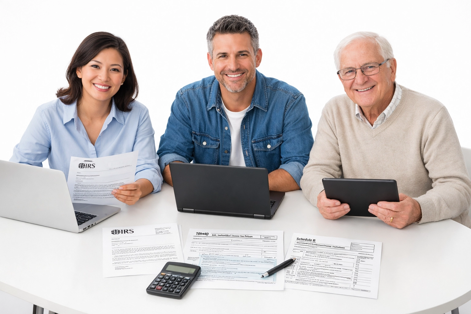 Taxpayers confidently reviewing legitimate tax documents with professional tax preparer at desk