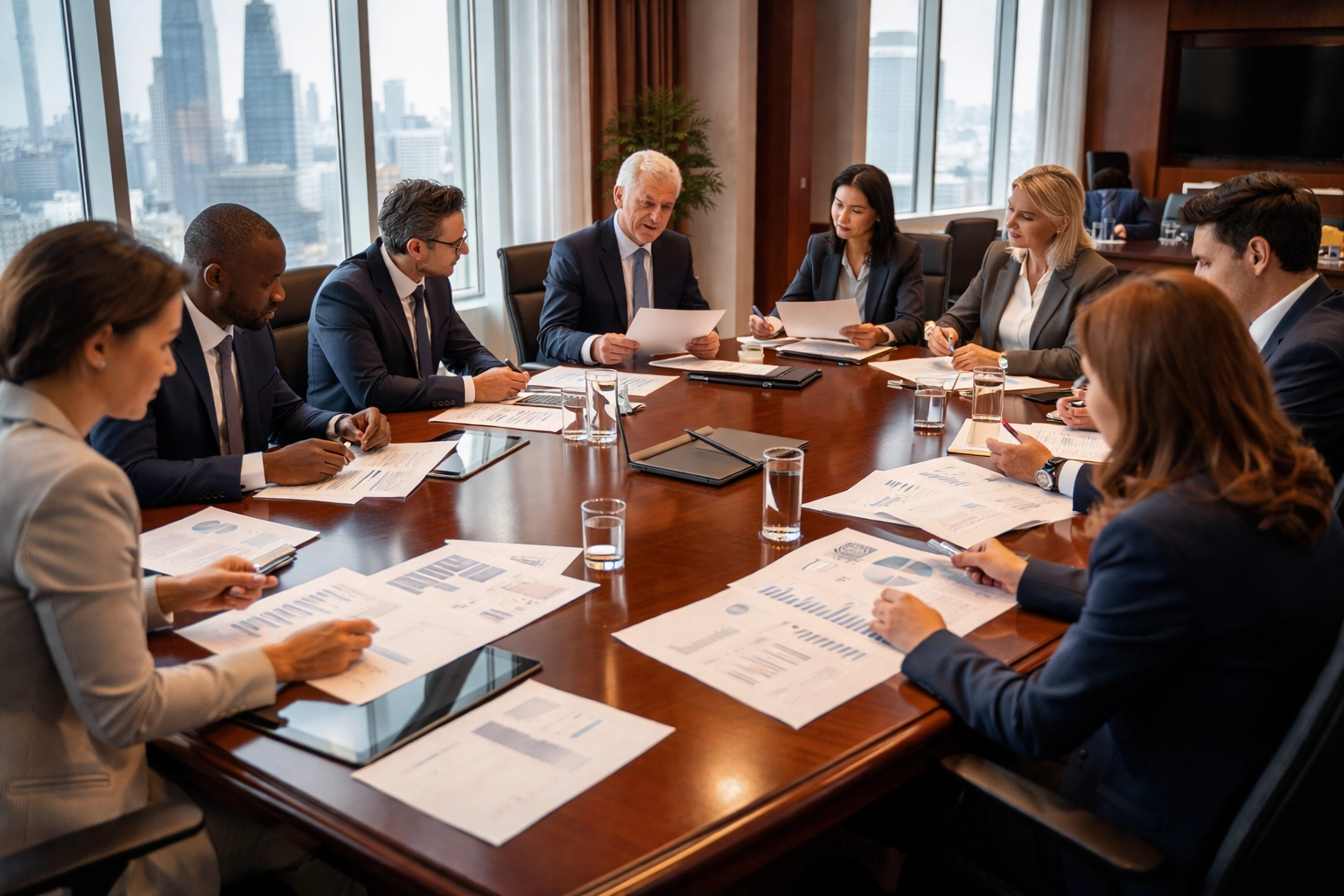 Corporate boardroom meeting with executives discussing sponsorship ROI strategy and performance goals