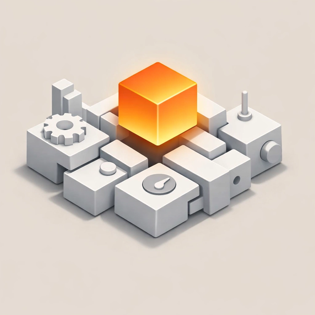 Modular geometric blocks representing machine components for predictive maintenance and workflow integration.