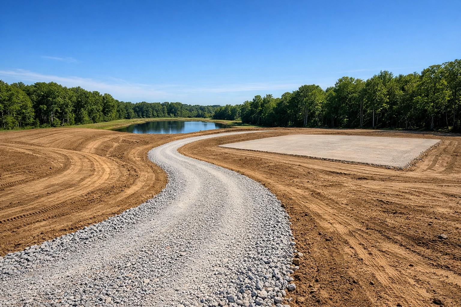 A perfectly graded residential site with a gravel driveway and building pad in Clarkston, Michigan.