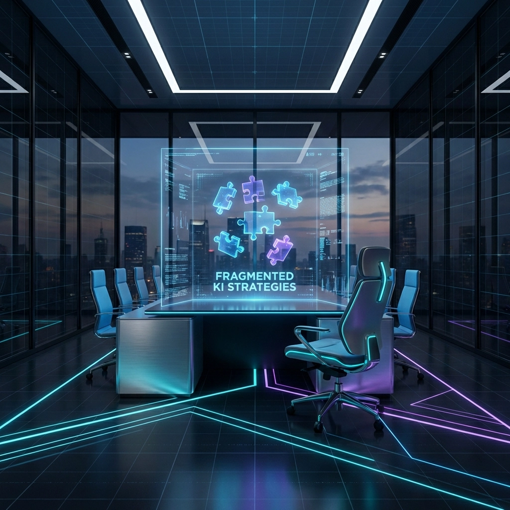 Futuristischer Konferenzraum mit schwebenden Puzzleteilen als Symbol für fragmentierte KI-Strategien bei der strategischen KI-Einführung.