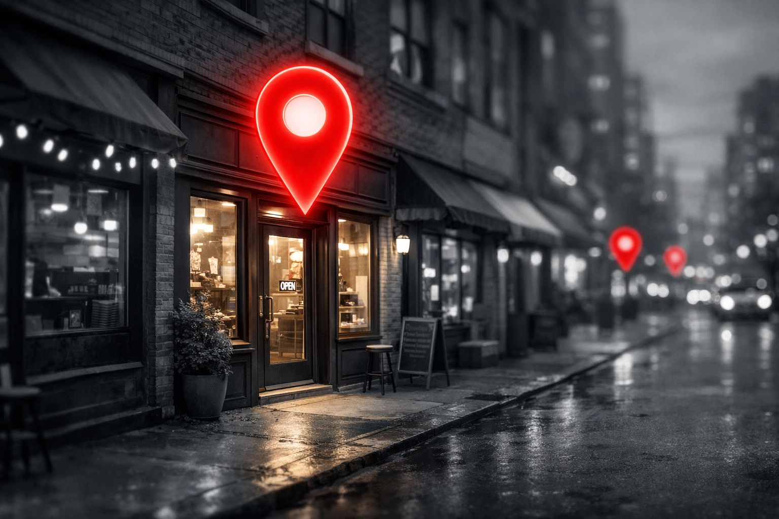 A highlighted local business storefront on a city street representing dominant local SEO services.