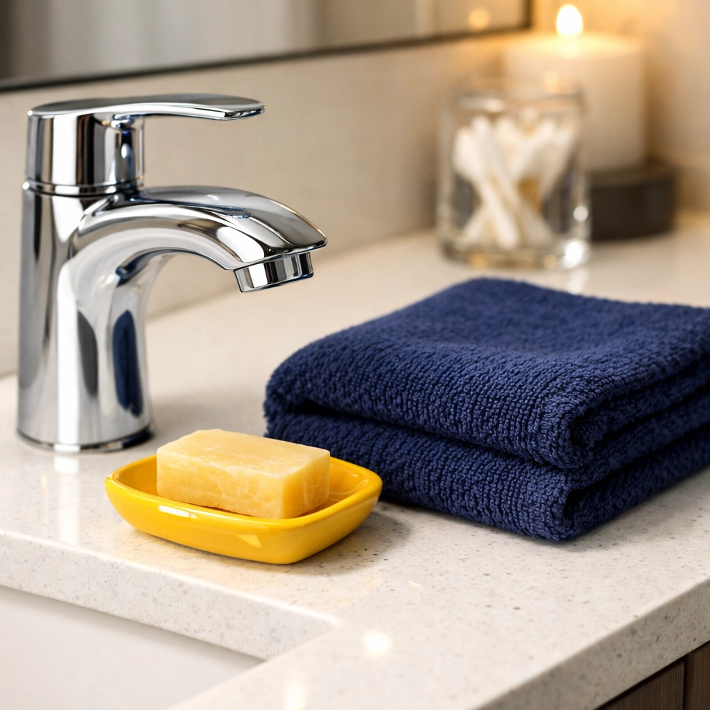 A sparkling bathroom vanity with white quartz after professional house cleaning Townsend MA.