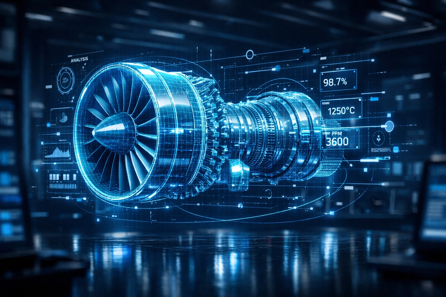 Holographic industrial turbine representing AI diagnostic analysis and predictive maintenance for maximized uptime.