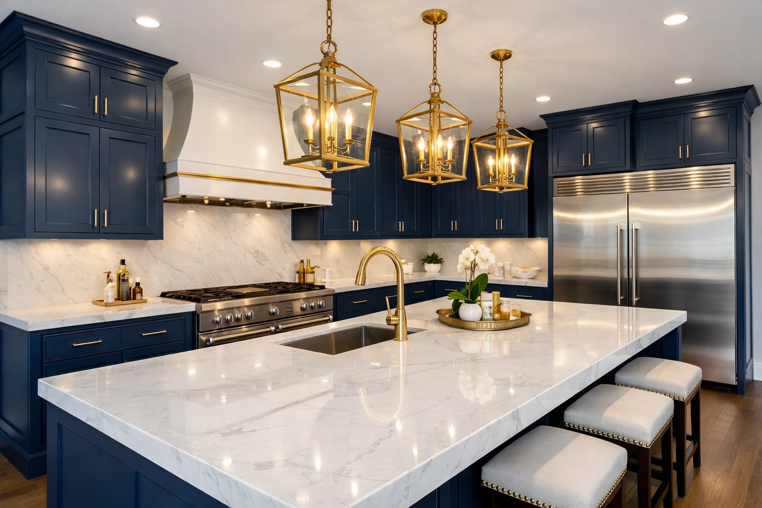 Professional post-construction cleaning in a Worcester MA luxury kitchen with dust-free navy cabinets.