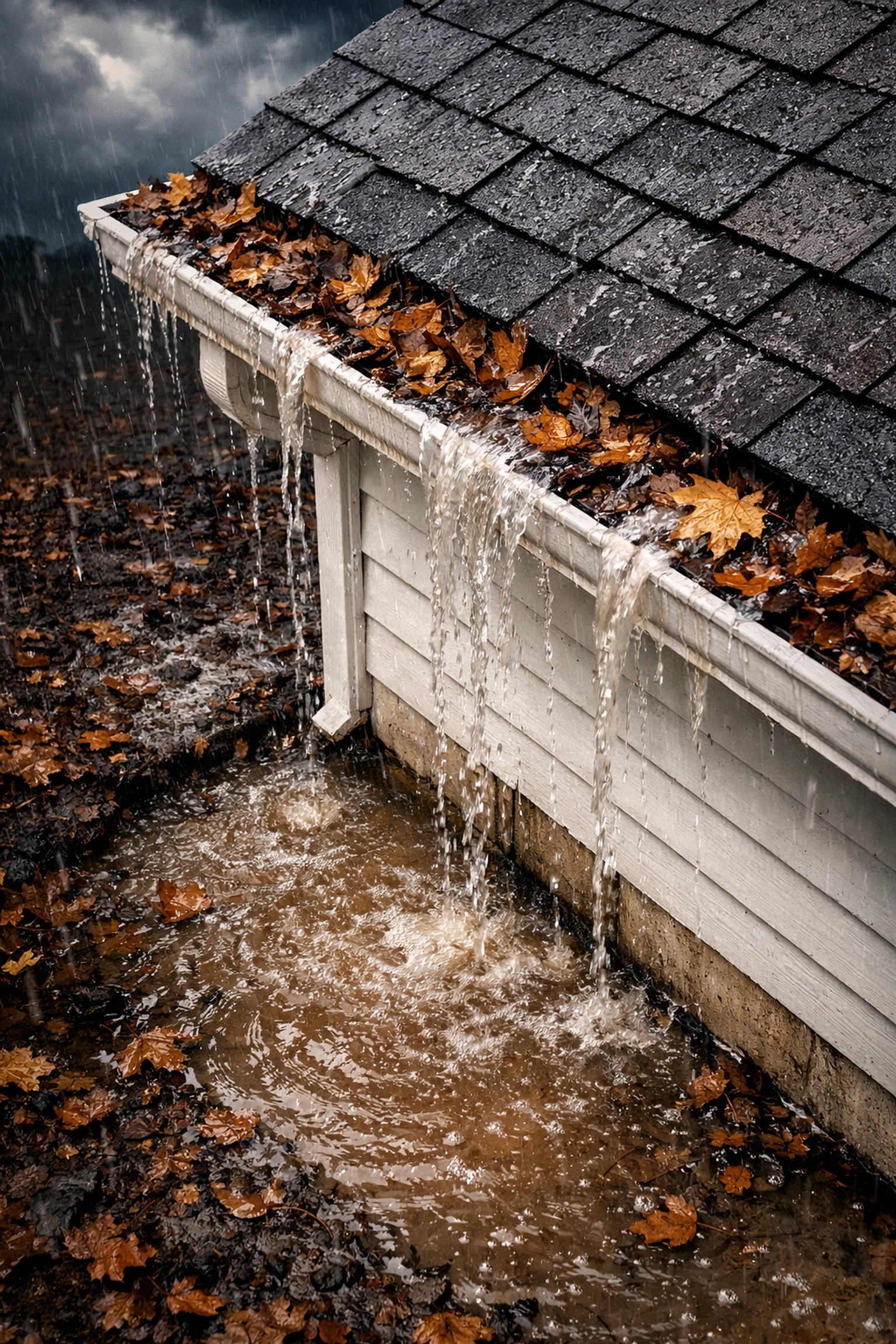 Clogged gutters overflowing during rain causing water to pool near home foundation in Tennessee