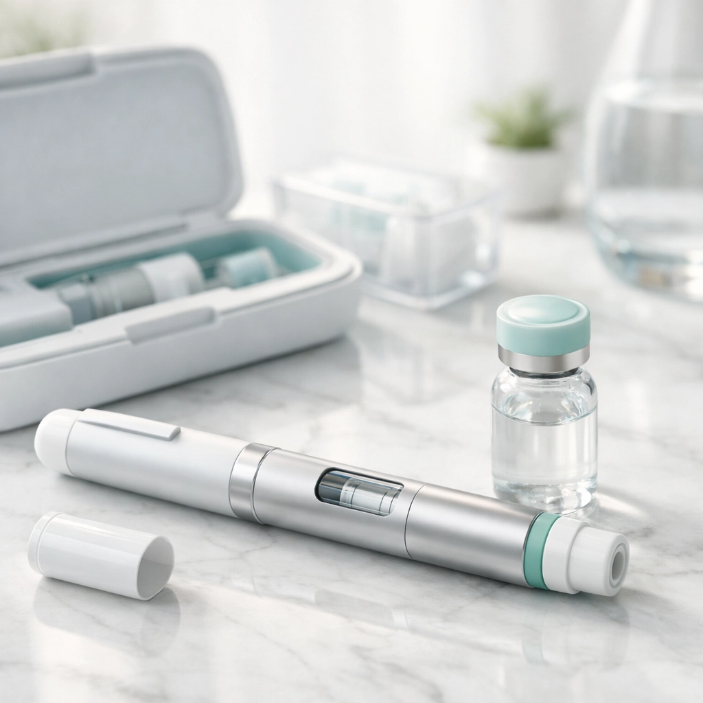 Injectable pen for semaglutide or tirzepatide weight loss on a clean medical surface.