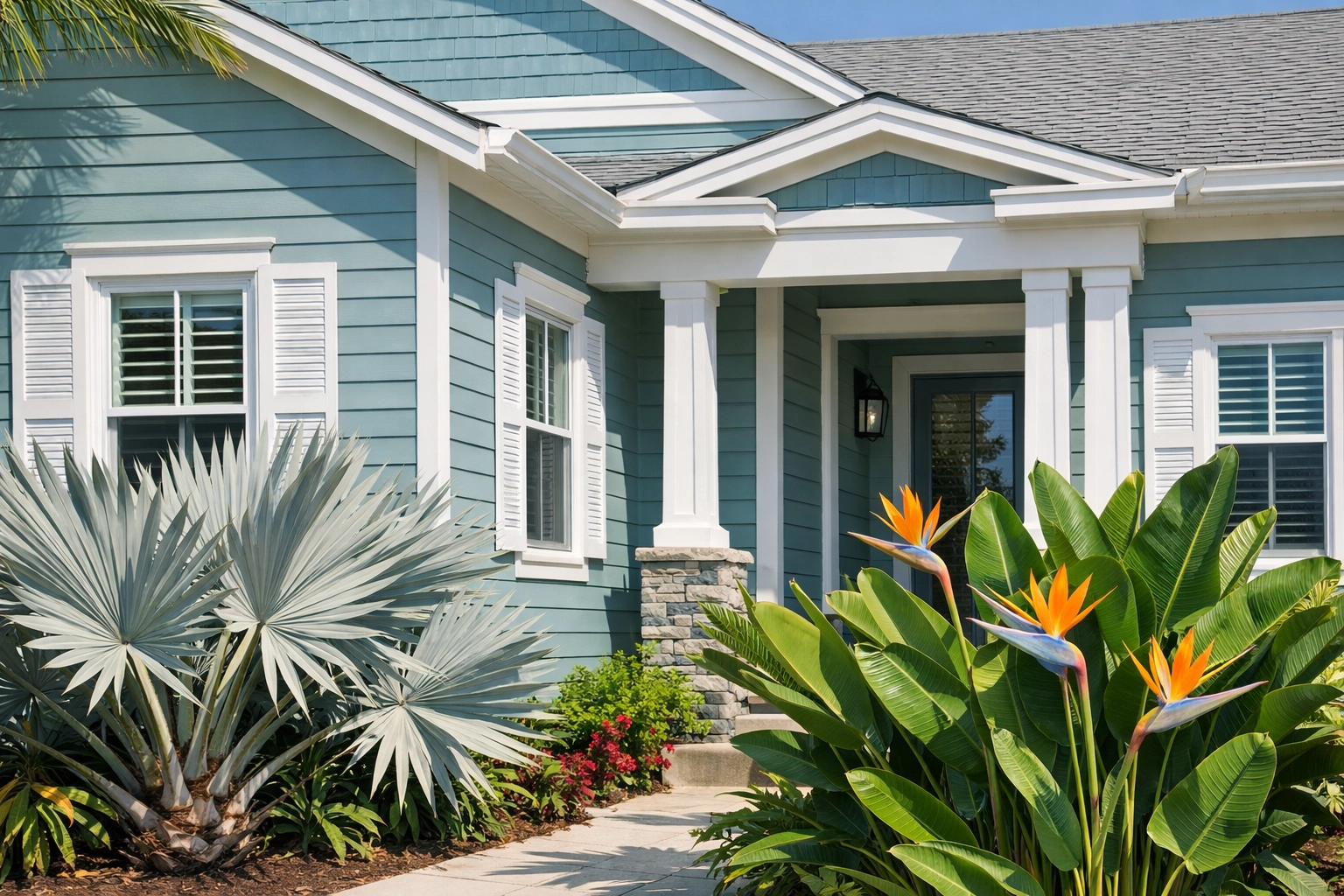 Contemporary coastal home in Orlando with muted green exterior painting and crisp white shutters.