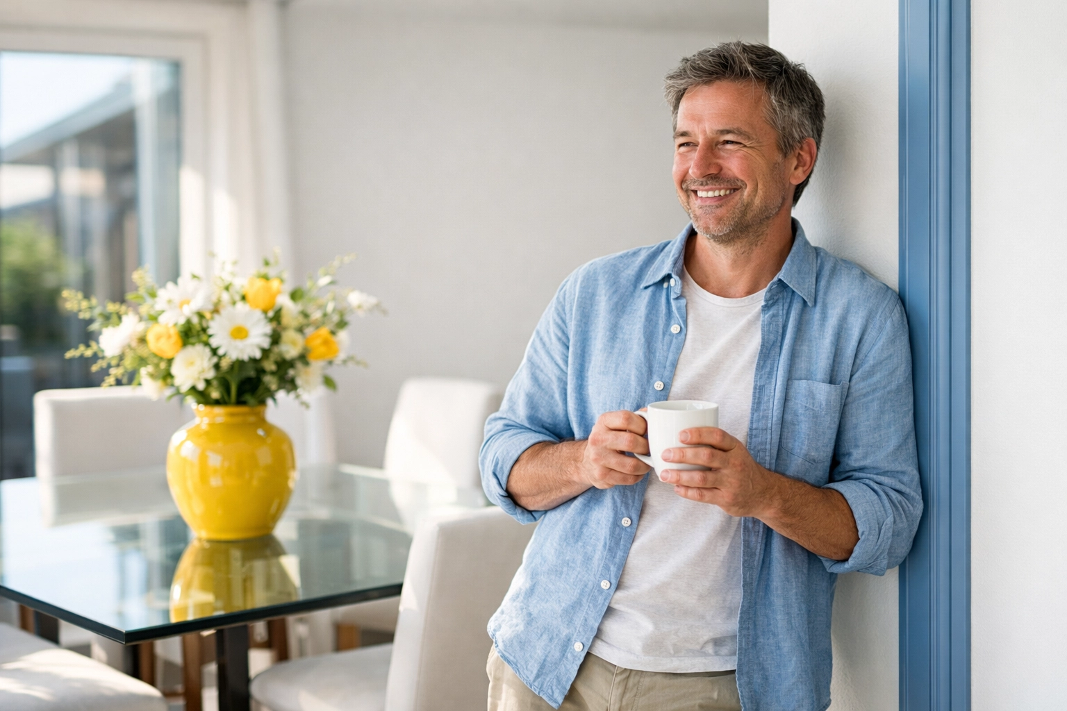 Relaxed homeowner in a stress-free, clean dining room provided by house cleaning Milton MA experts.