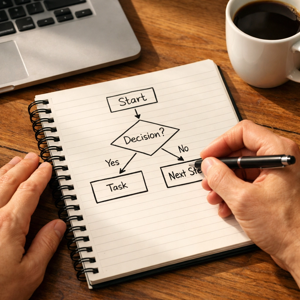 Business owner documenting process improvements and system workflows in notebook