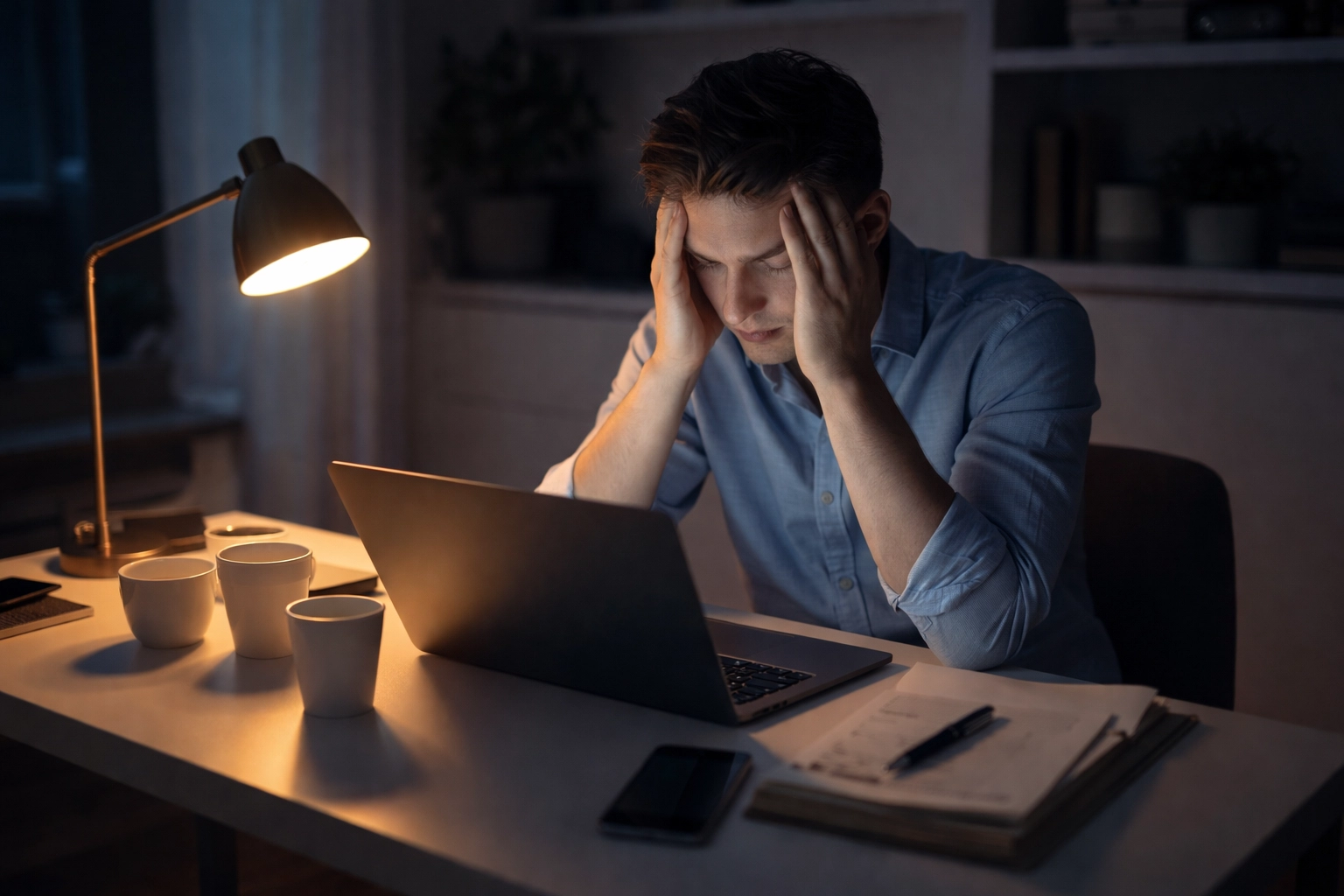 Lonely startup founder working late at night in a home office, illustrating founder mental health struggles