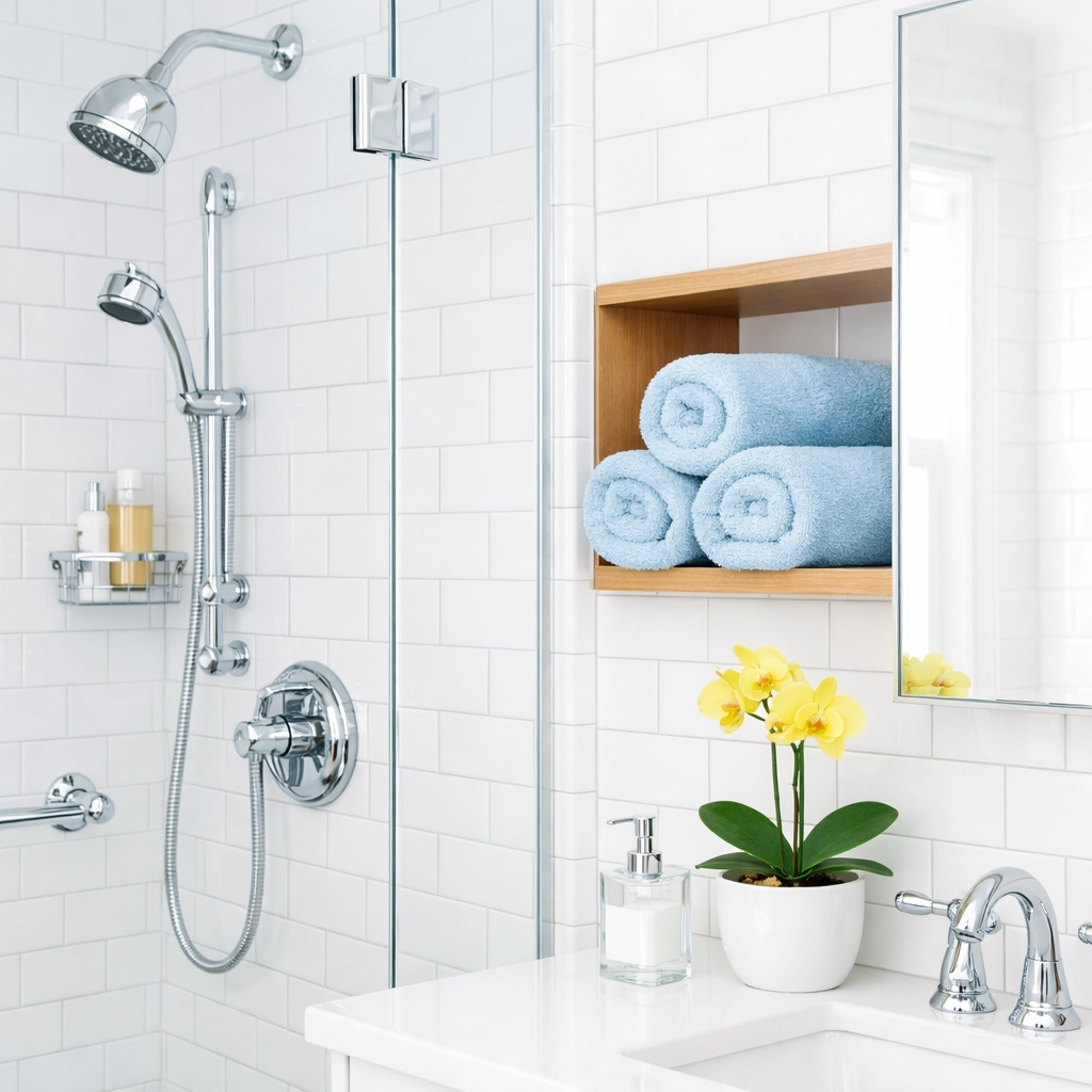 Eco-friendly house cleaning in a bright Leominster MA bathroom with white subway tiles and polished fixtures.