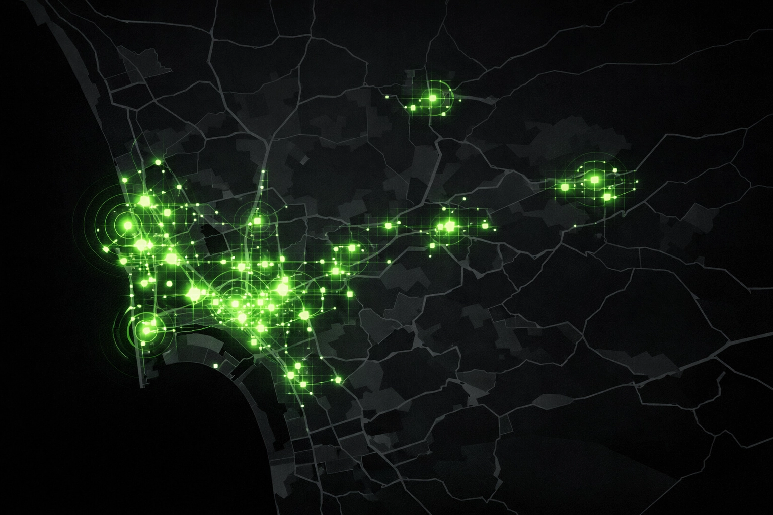 Digital map of San Diego with glowing green nodes representing local auto repair service areas.