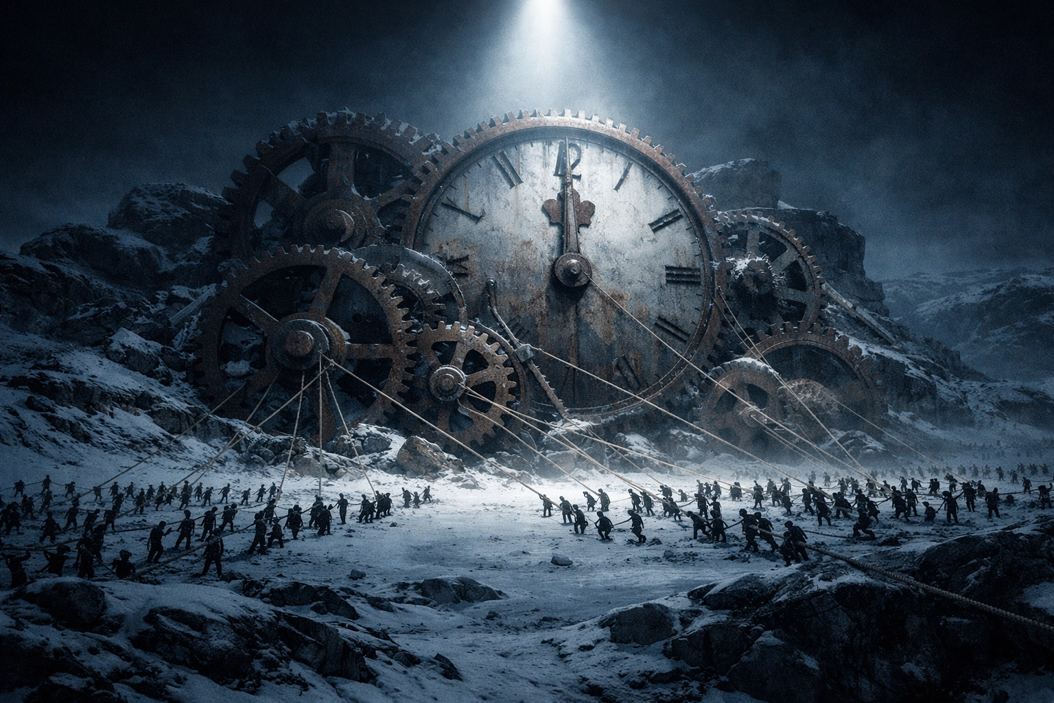 Rusted machinery in a snowy landscape symbolizing stagnant Canadian productivity and manual labor challenges.