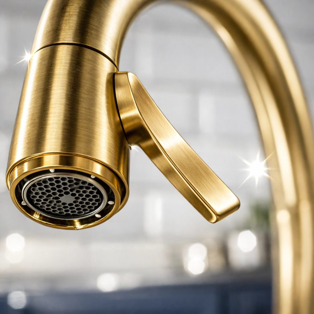 Close-up of a sparkling, sanitized modern kitchen faucet and handle after deep cleaning.