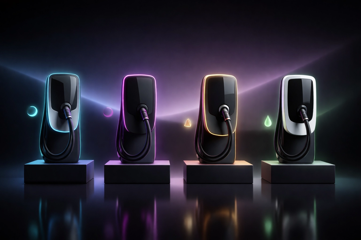 Four modern home EV charging stations displayed on illuminated pedestals for easy model comparison.