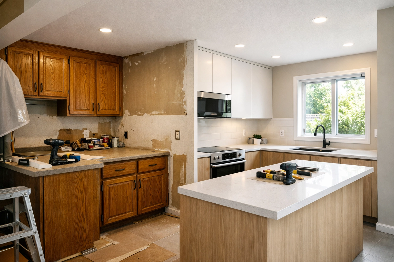 Before and after kitchen remodeling project showcasing renovation transformation