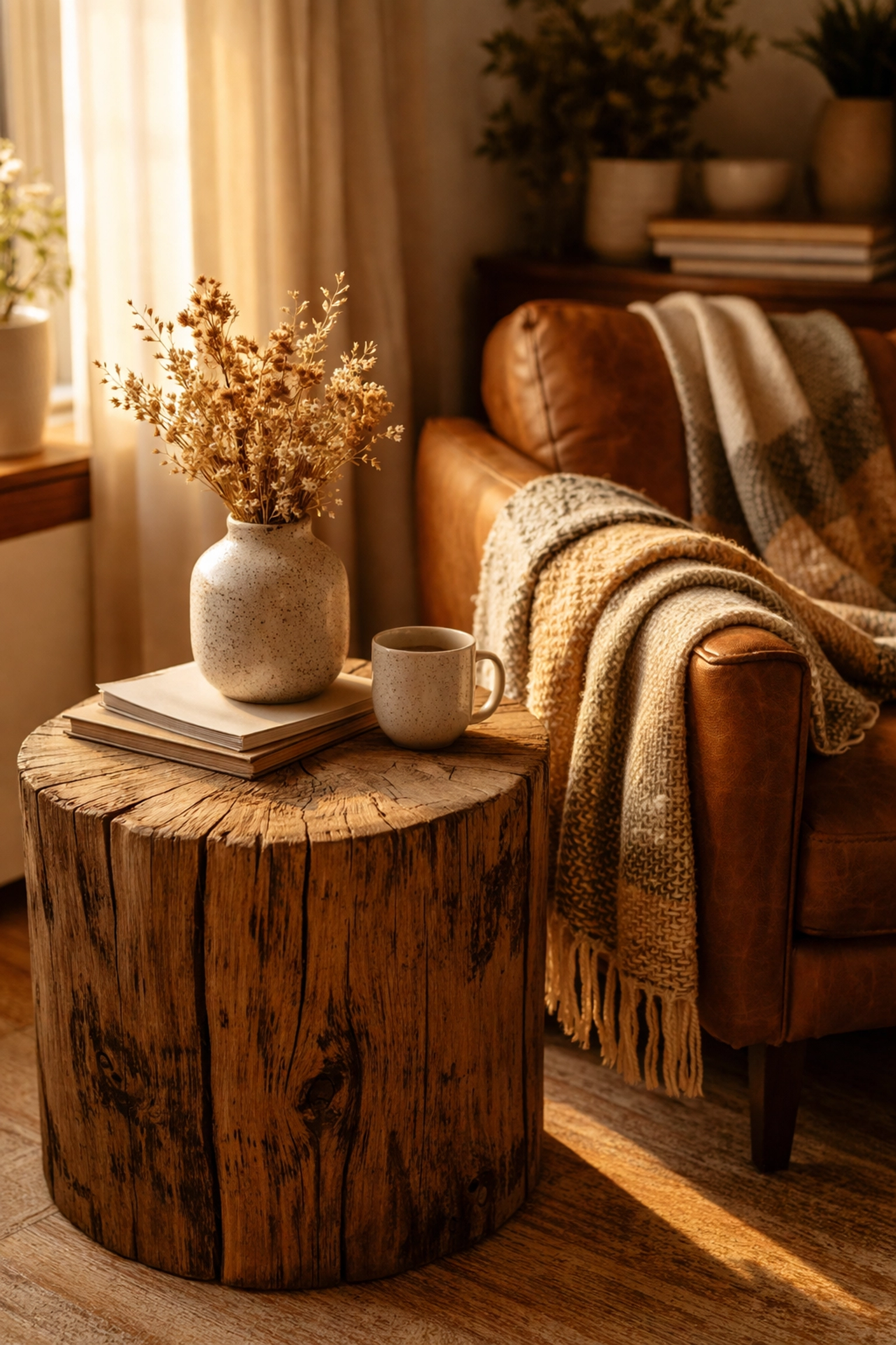 Cozy living room corner with handcrafted wooden side table and artisan decor, highlighting unique handmade home accessories.