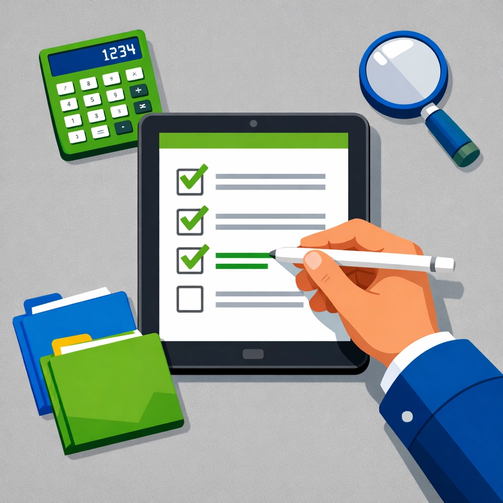 Tax preparation checklist on a tablet for professional review and tax planning steps.