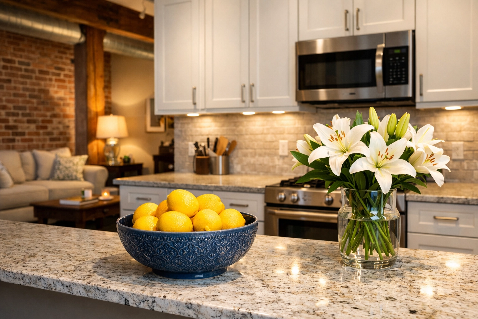 Immaculate mill loft kitchen with granite countertops after a thorough deep cleaning Lowell.