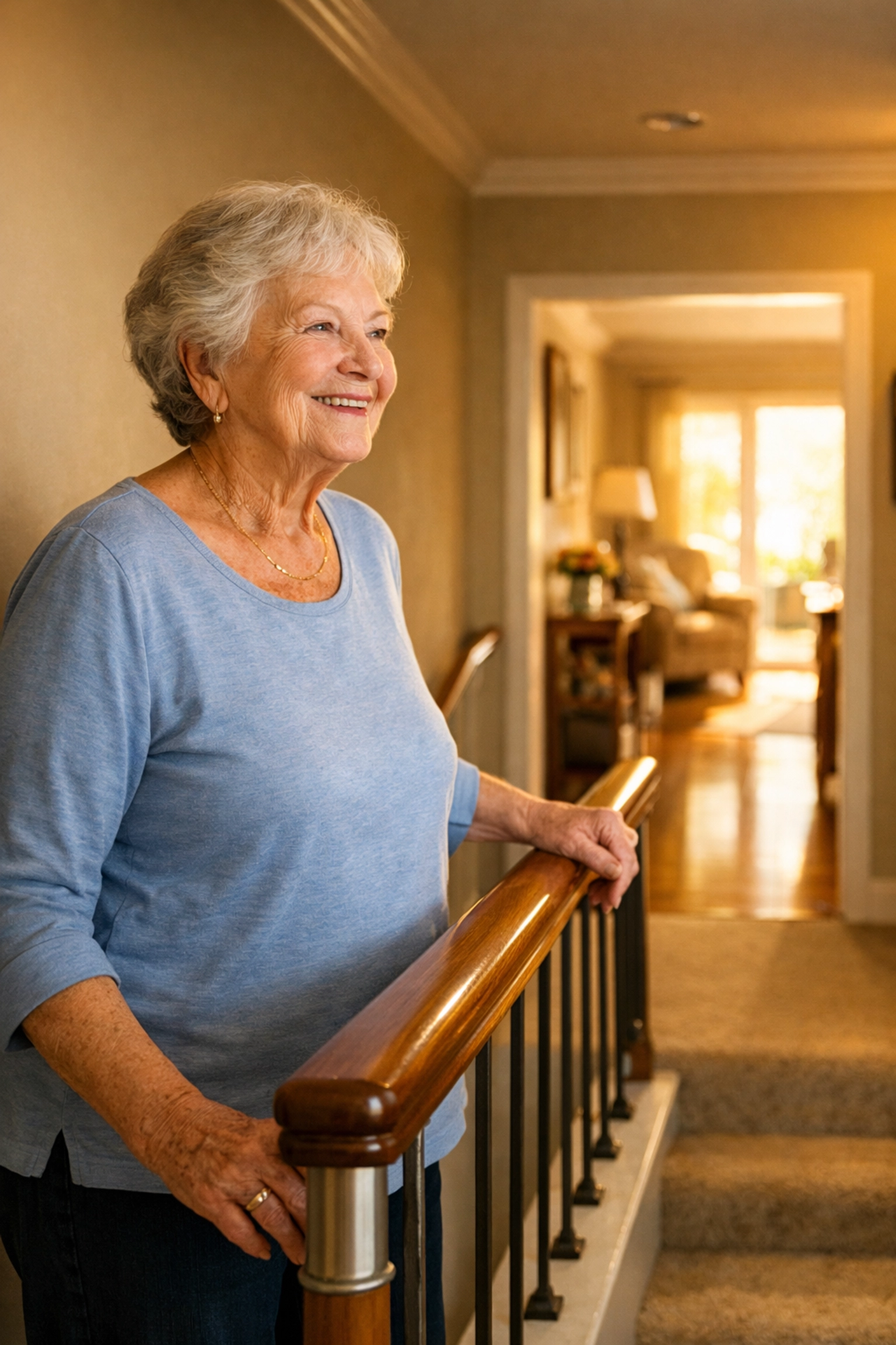 Confident elderly woman standing safely at the top of a staircase using a sturdy handrail.