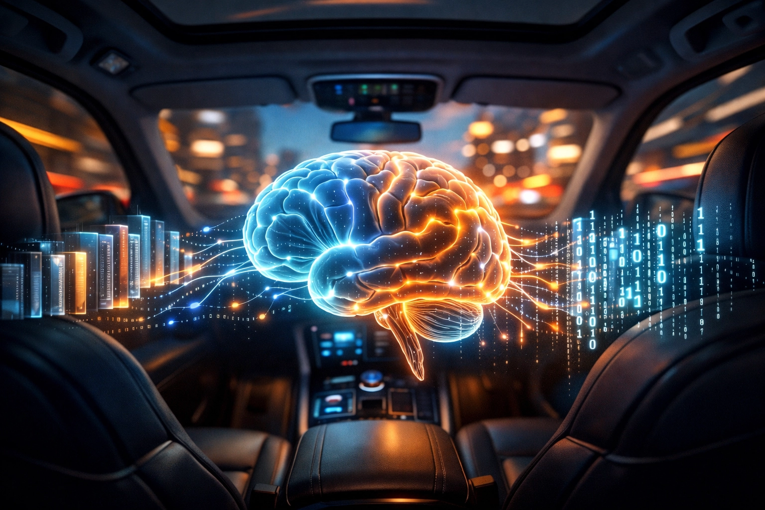 A glowing human brain inside a car representing cognitive learning and knowledge retention during a daily commute.