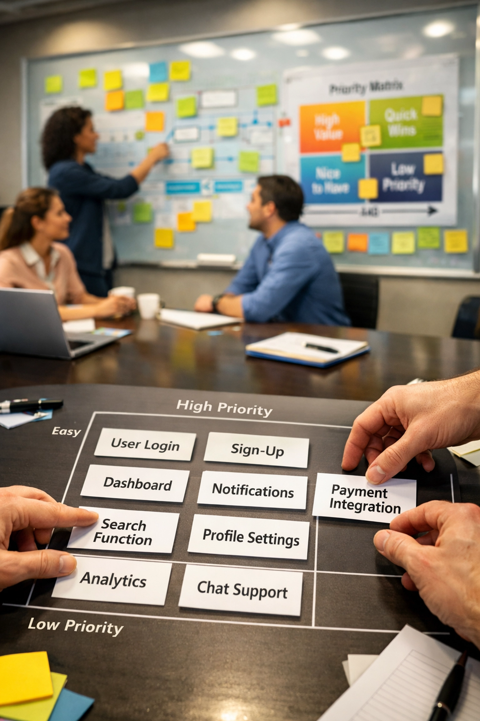 Team planning minimum viable product features with prioritization matrix on whiteboard