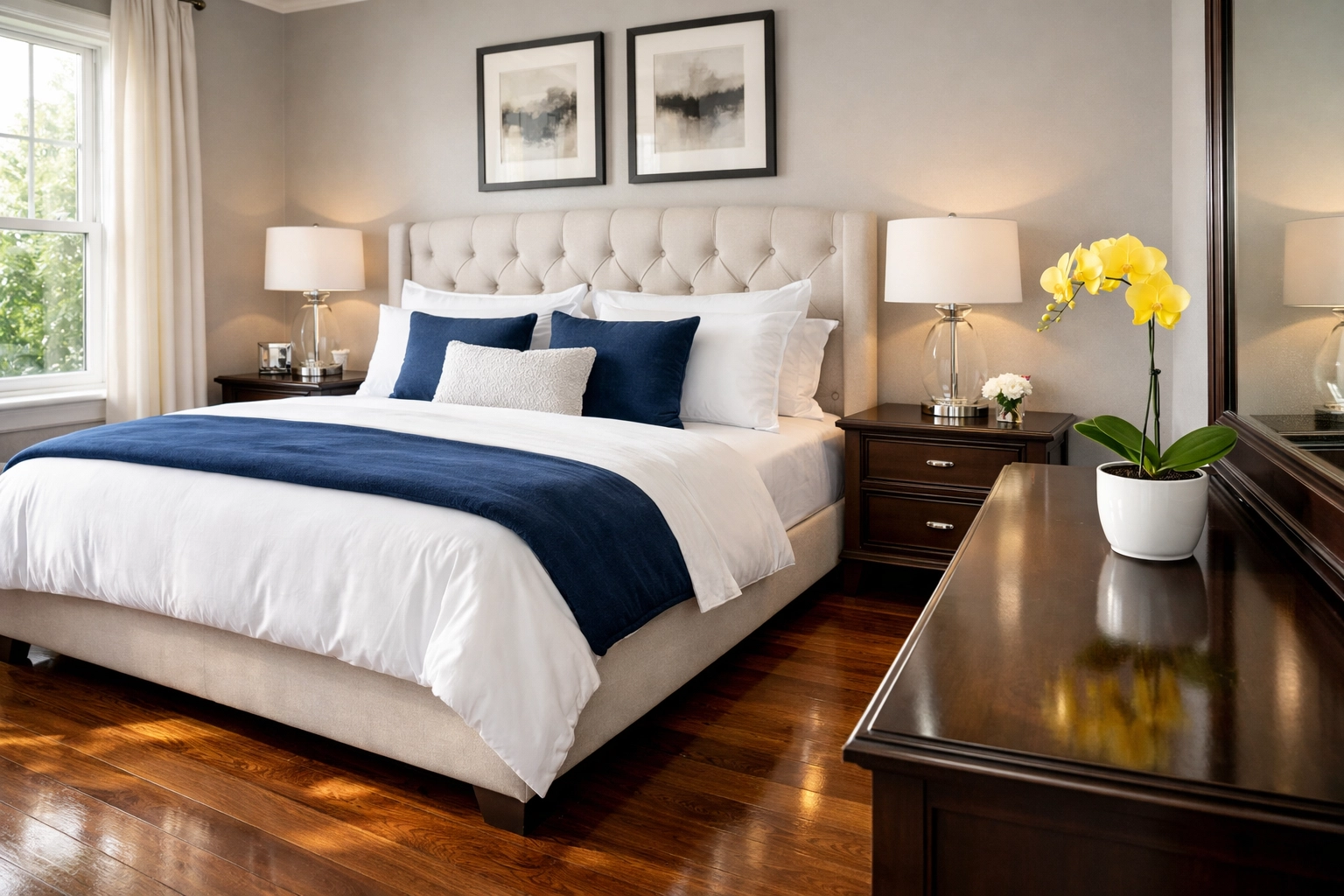 Pristine master bedroom after a deep house cleaning in Westford with polished hardwood floors.