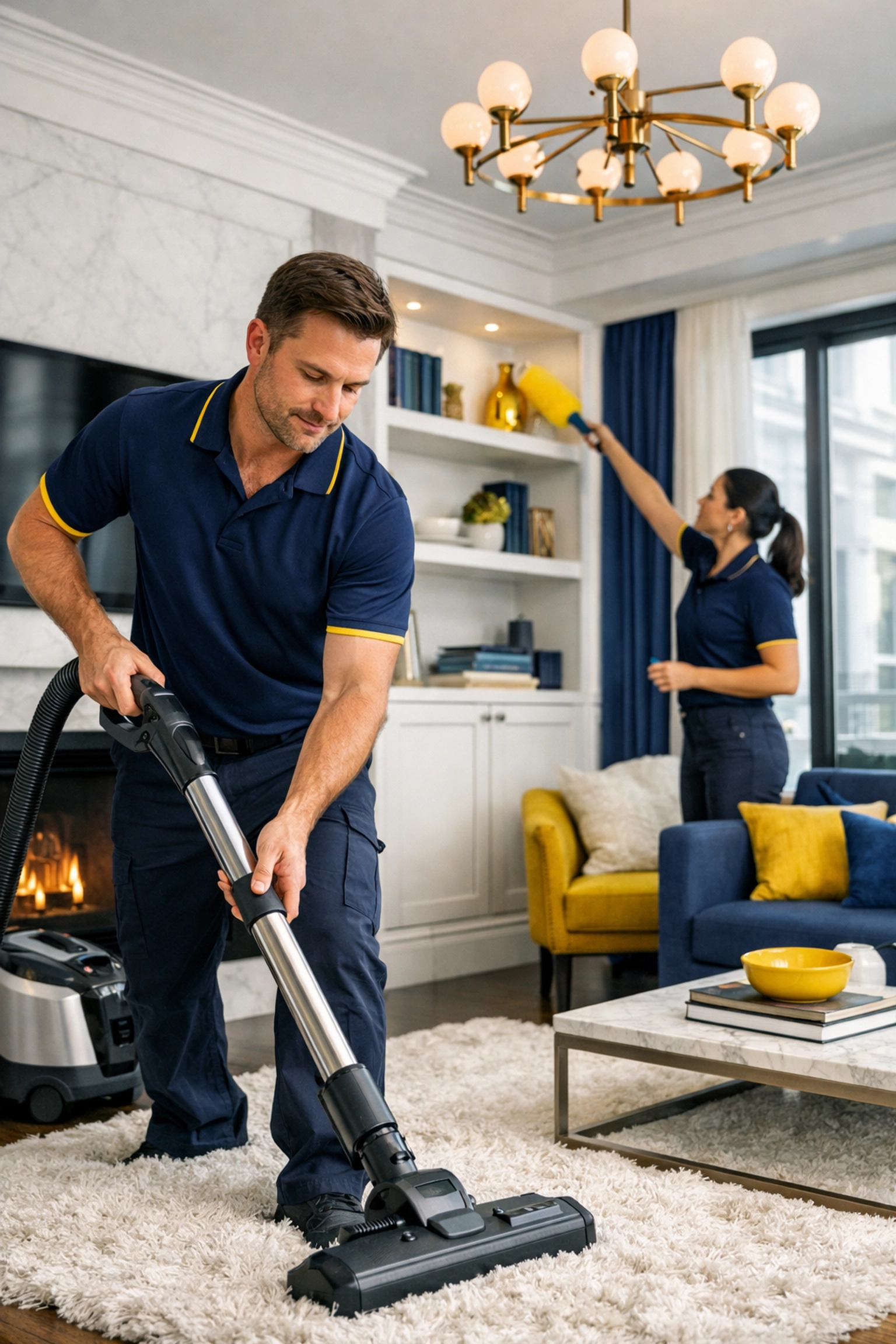 Professional cleaners vacuuming and dusting during a high-end apartment cleaning Boston service.