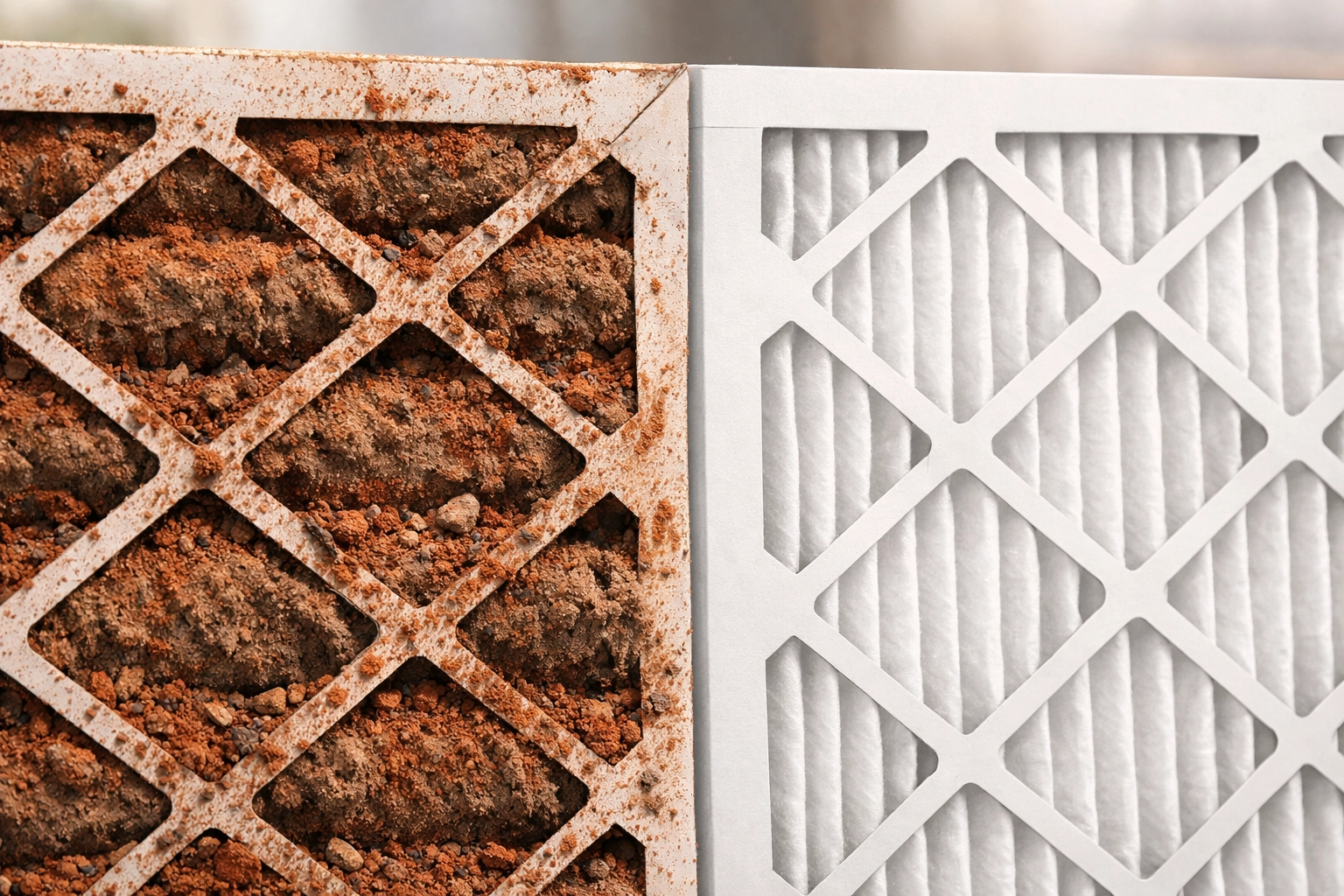 Dirty clogged HVAC air filter next to clean replacement filter showing Maui volcanic dust buildup