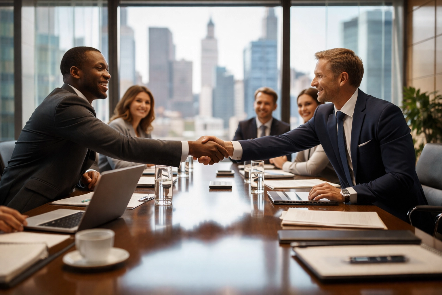 Business executives shaking hands in a boardroom, illustrating strategic brand partnership and collaboration in sports and entertainment.