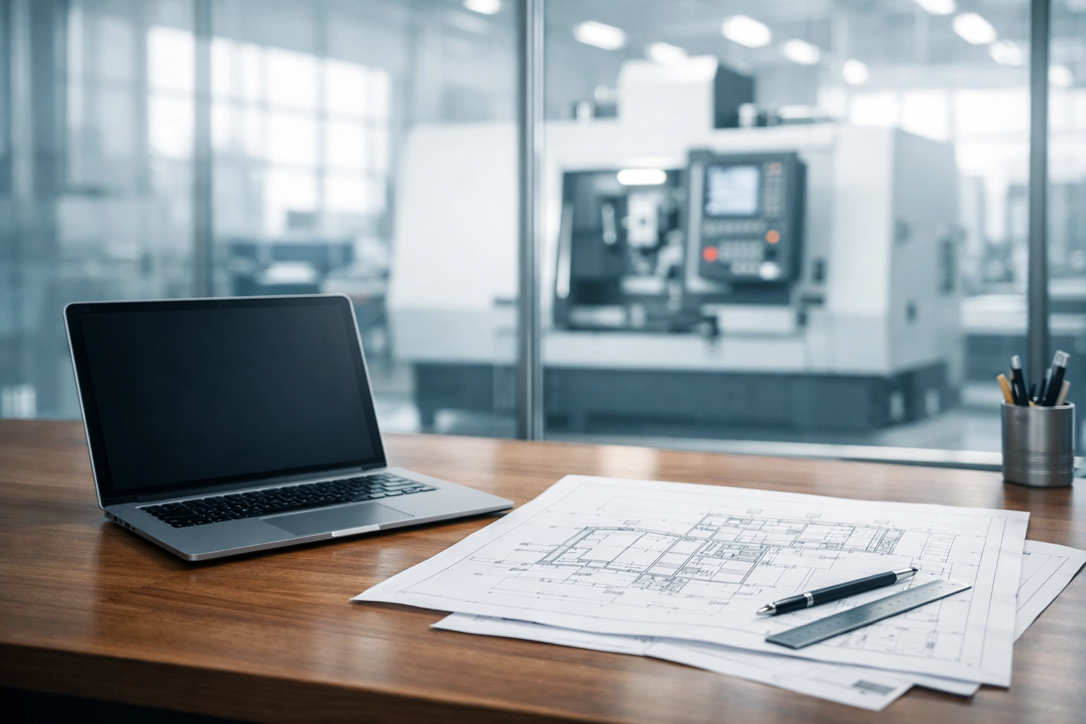 Modern office workspace with blueprints and machinery representing working capital and equipment financing for business.