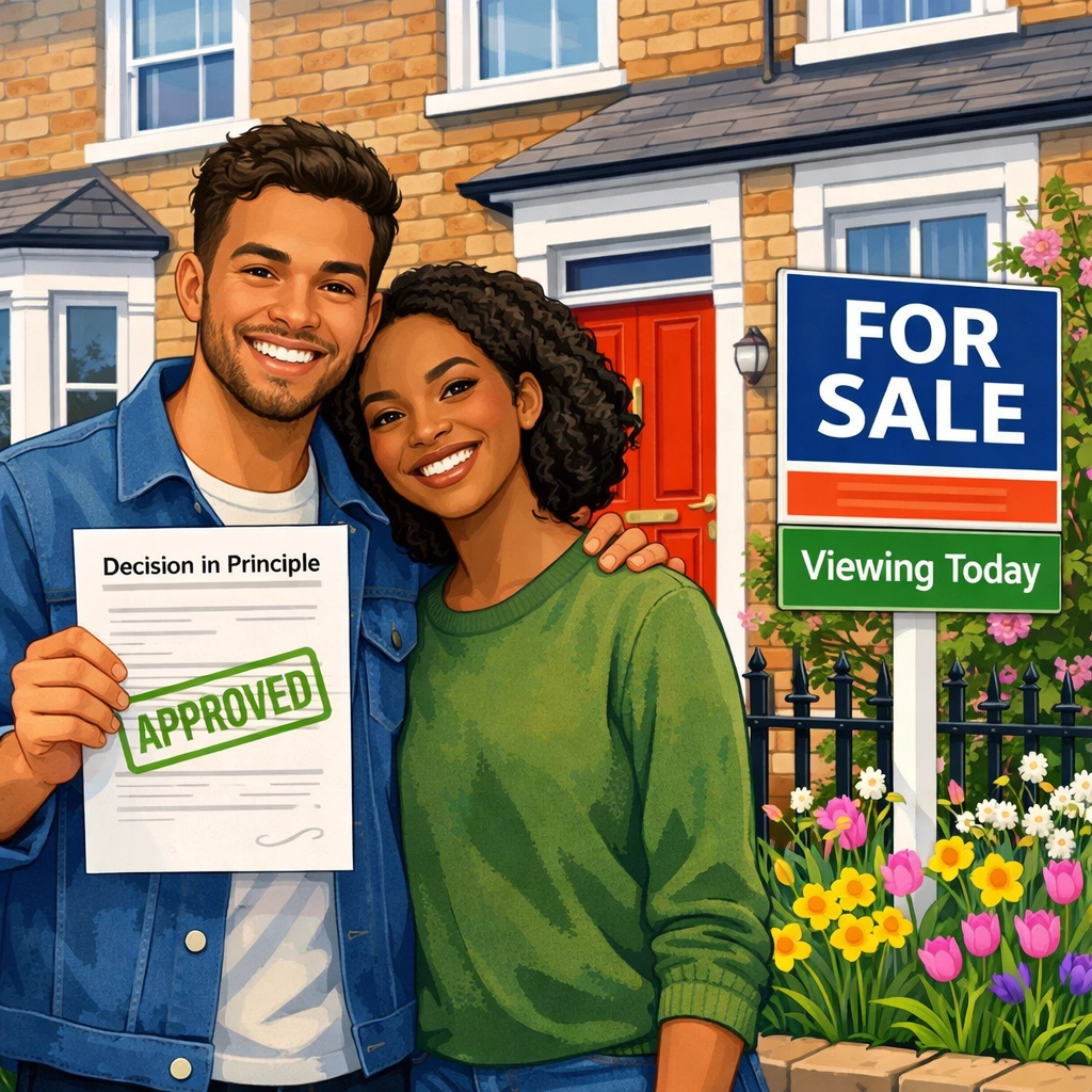 First-time buyers with Decision in Principle document outside Oldham terraced house