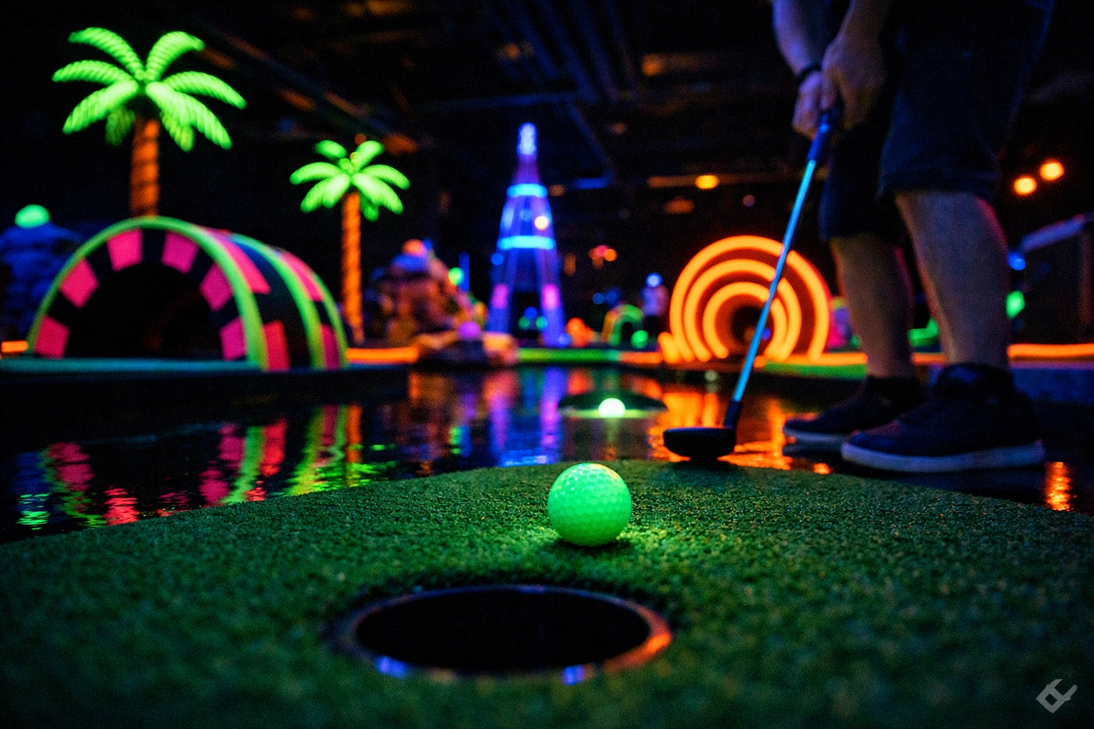 Neon glow-in-the-dark mini golf course at Putting Edge in downtown Montreal.