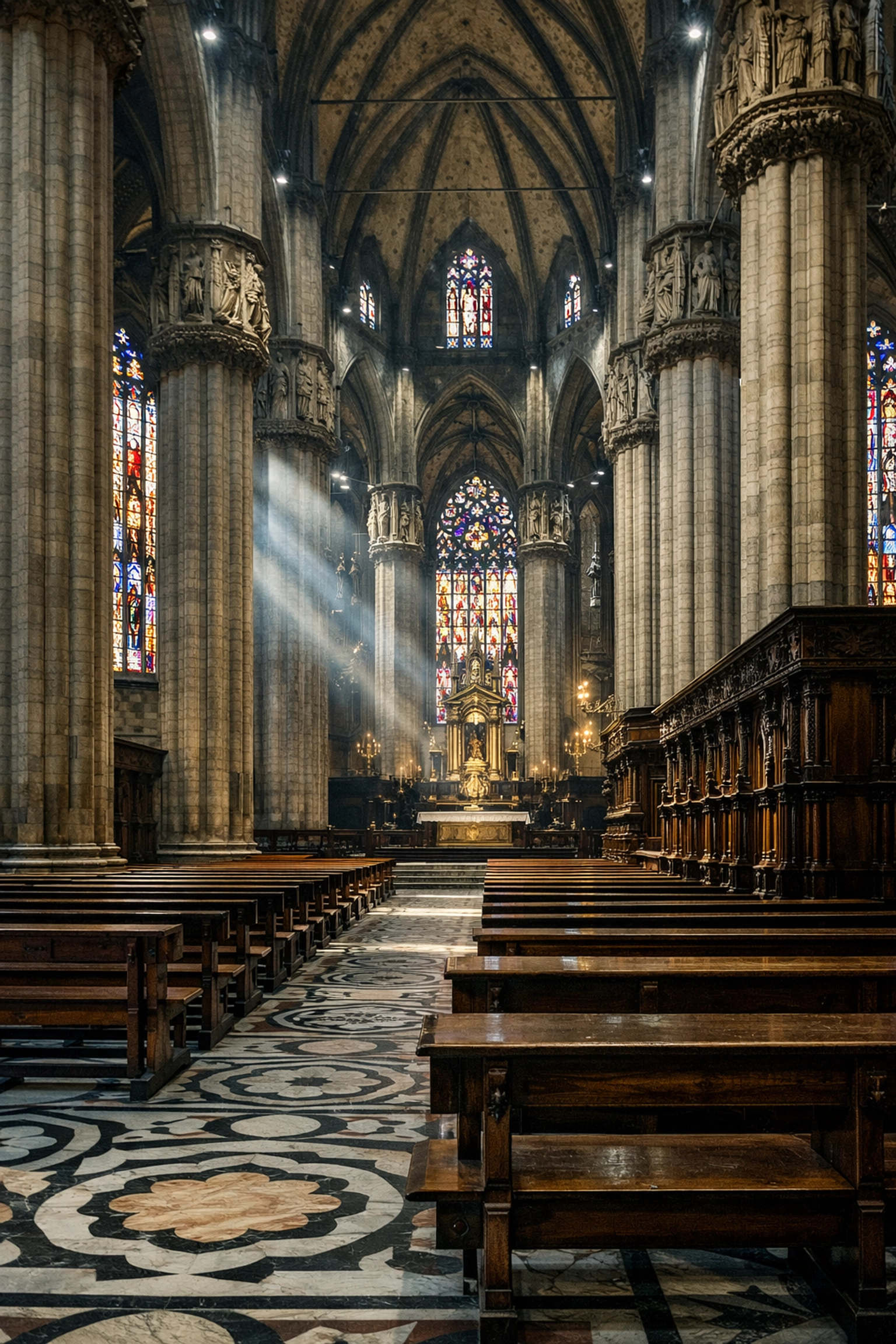 Detailed HDR photo of Milan Cathedral interior balancing light in stained glass and shadows.