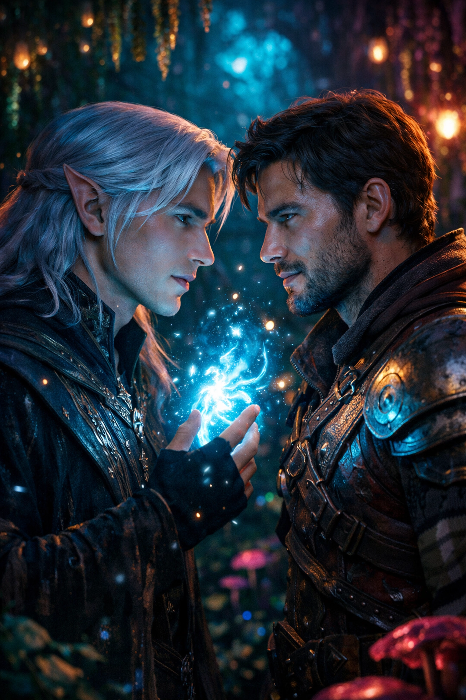 An elf and warrior share an intimate moment in a magical forest, representing 2026 gay fantasy romance.