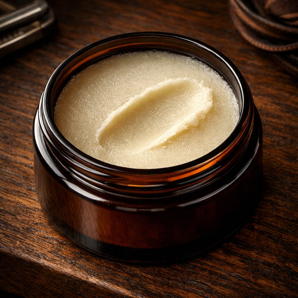 Close-up of a firm hold beard balm with a smooth texture for professional grooming and styling.