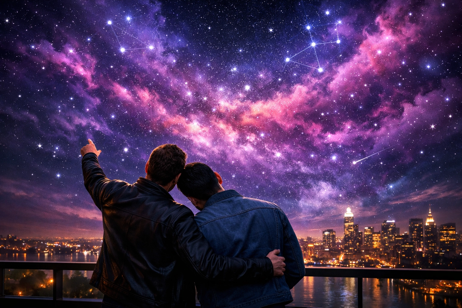 A gay couple on a balcony under a magical nebula sky, evoking fated mates romance.
