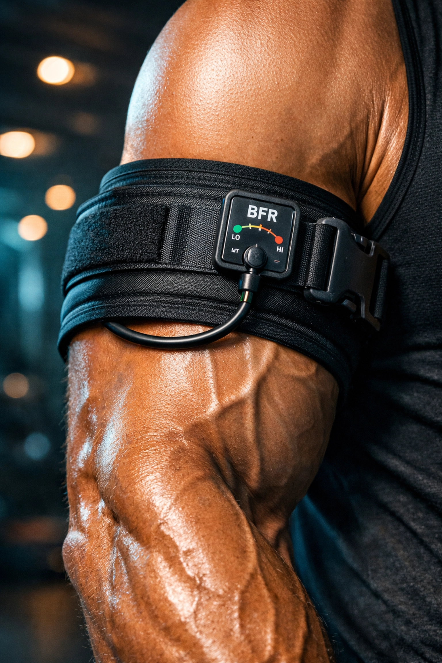 Close-up of a professional black BFR cuff on an athlete's arm showing muscle vascularity and blood pooling.
