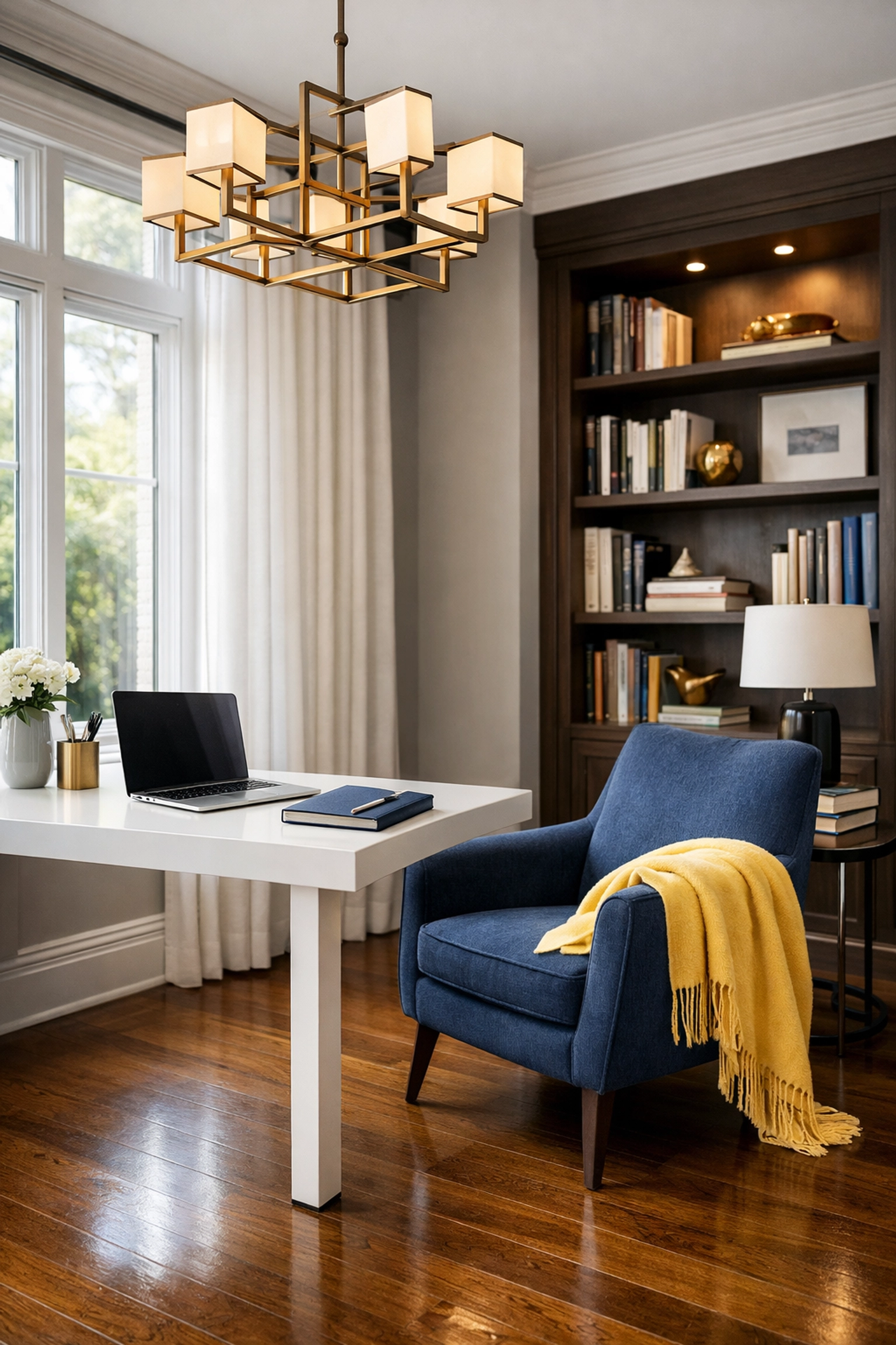 Clean Brookline home office and reading nook, professionally maintained with weekly house cleaning.