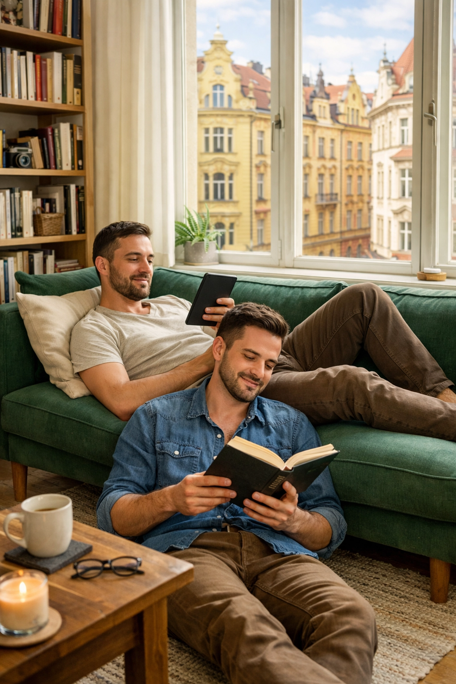 A gay couple reading MM romance books and queer fiction together in a stylish, sunlit apartment in Prague’s Vinohrady.