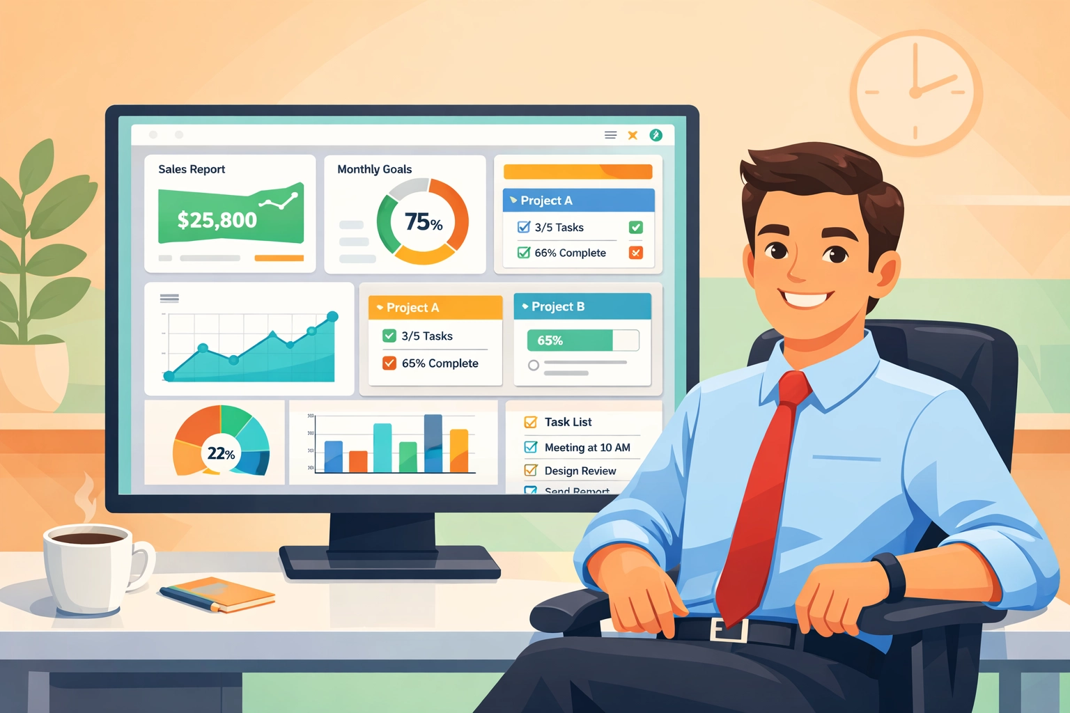 Business professional using unified dashboard for HR management and team scheduling in one platform
