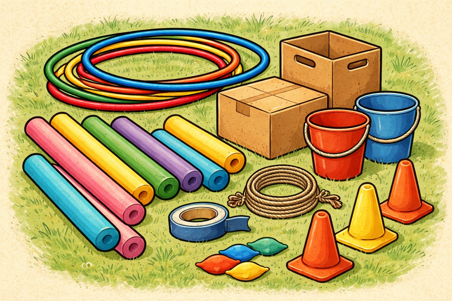 Backyard obstacle course materials like pool noodles, hula hoops, and boxes ready for kids' outdoor play